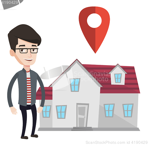 Image of Realtor on background of house with map pointer.