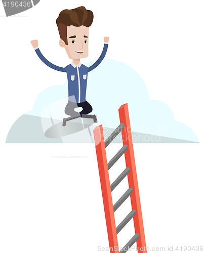 Image of Happy businessman sitting on the cloud.