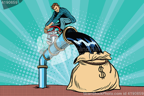 Image of Retro businessman fills the oil in the bag of money