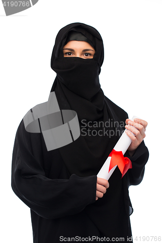 Image of muslim woman in hijab with diploma over white