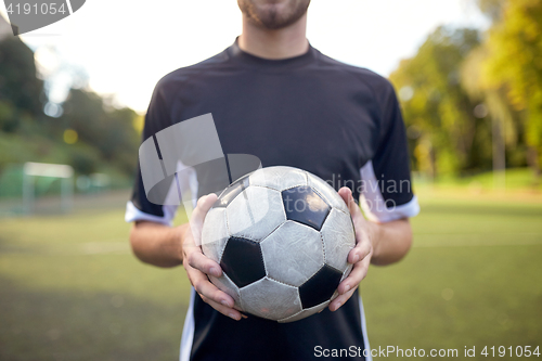 Image of close up of soccer player with football on field