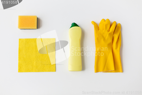 Image of detergent with cleaning stuff on white background