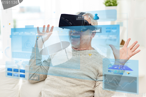 Image of old man in virtual reality headset or 3d glasses