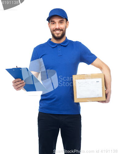 Image of happy delivery man with parcel box and clipboard