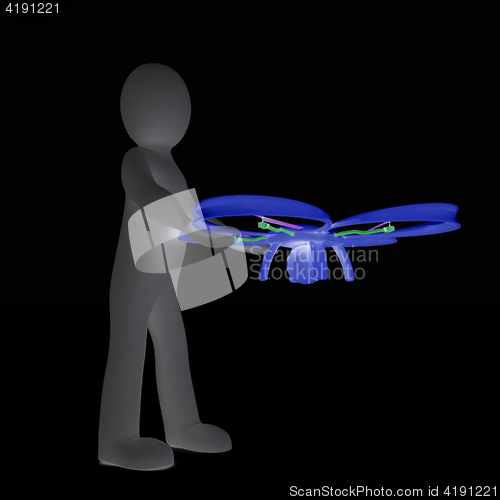 Image of 3d man with drone, quadrocopter, with photo camera. 3d render. 3