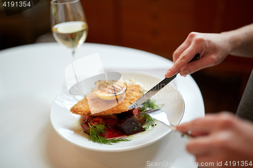 Image of woman eating fish salad at cafe or restaurant