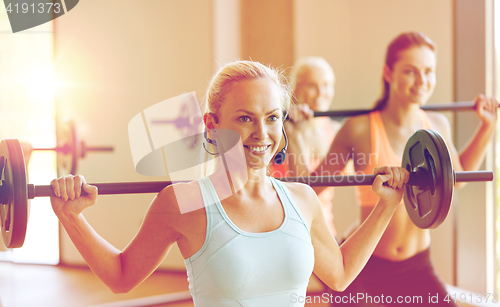 Image of group of women with barbells exercising in gym