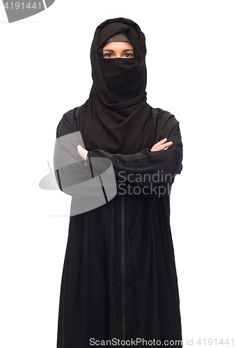 Image of muslim woman in hijab over white background