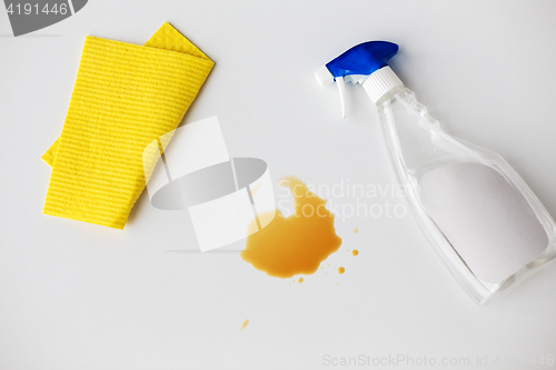 Image of cleaning rag, detergent spray and spilled stain