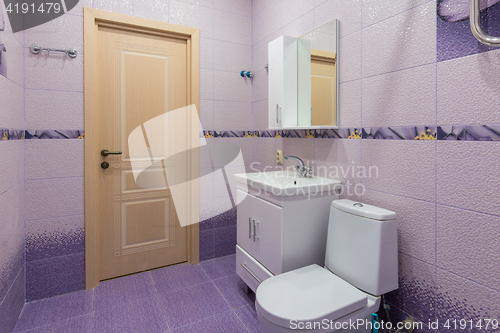 Image of Interior of toilet room, view of the toilet, sink and the front door