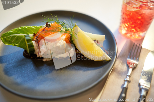 Image of close up of toast skagen with caviar and bread