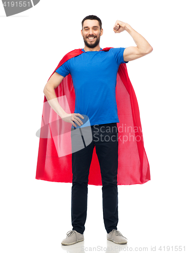 Image of happy man in red superhero cape