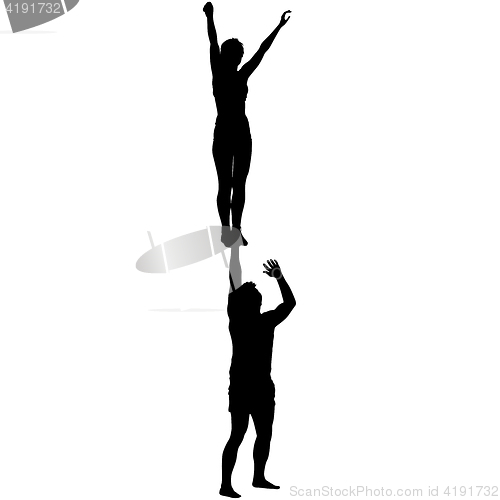 Image of Black silhouette two acrobats show stand on hand. illustration