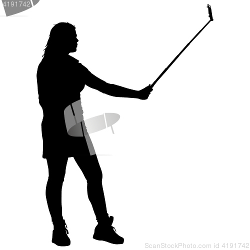 Image of Silhouettes woman taking selfie with smartphone on white background. illustration