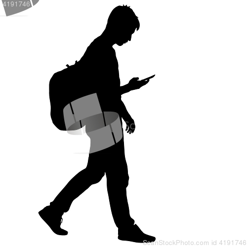 Image of Black silhouettes man with backpack on a back. illustration