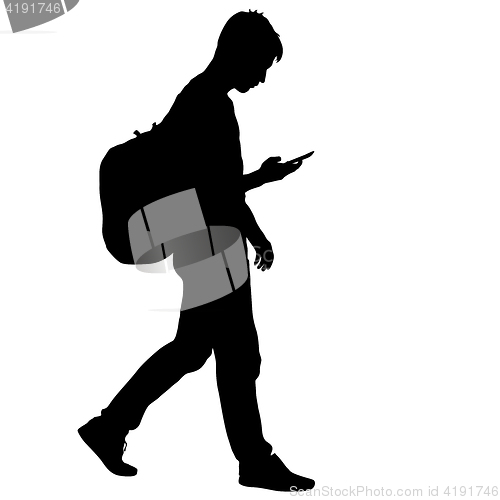 Image of Black silhouettes man with backpack on a back. illustration