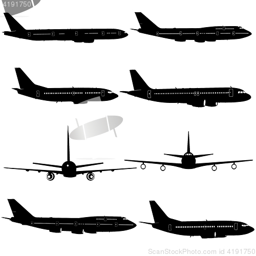 Image of Collection of different aircraft silhouettes. illustration