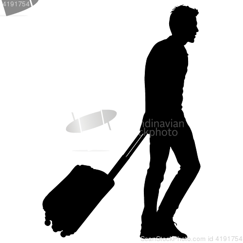 Image of Black silhouettes travelers with suitcases on white background.