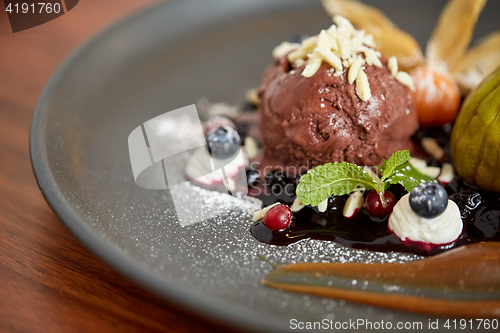 Image of close up of chocolate ice cream dessert on plate