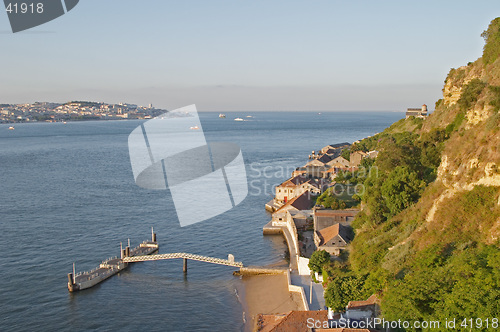 Image of River Tagus and down town Lisbon in the background, Almada, Portugal