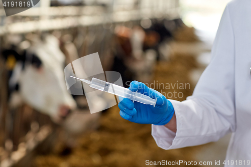 Image of veterinarian hand with vaccine in syringe on farm