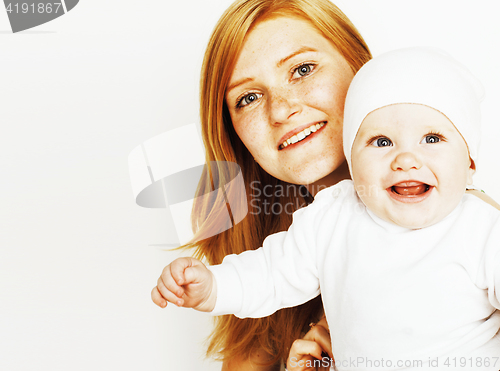 Image of young beauty mother with baby, red head happy family isolated cl