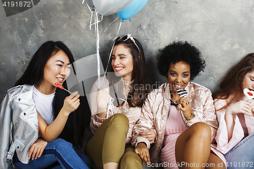 Image of Lifestyle and people concept: young pretty diversity nations woman with different age children celebrating on birth day party together happy smiling, making selfie. African-american, asian and caucasi