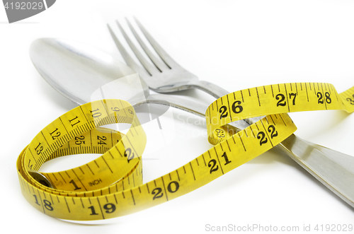 Image of Steel spoon a fork and measuring tape