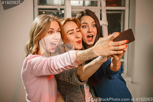 Image of Group of friends girls making selfie photo