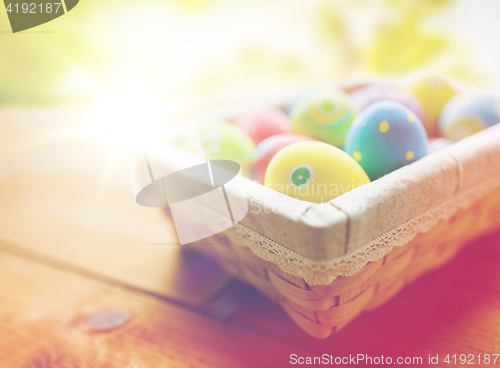 Image of close up of colored easter eggs in basket