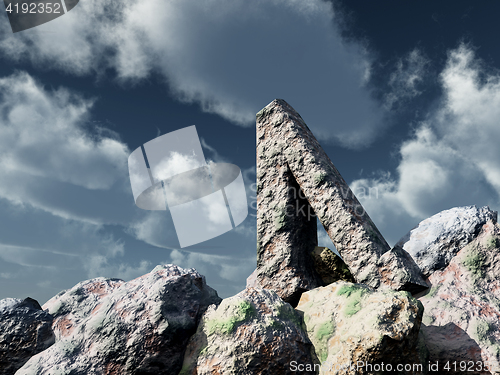 Image of rune rock under cloudy blue sky - 3d illustration
