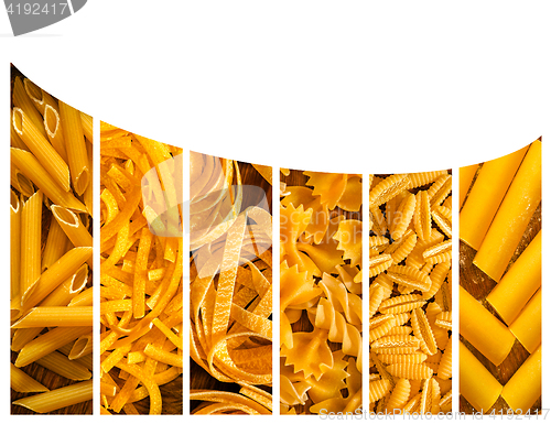 Image of different kinds of italian pasta. Food collage