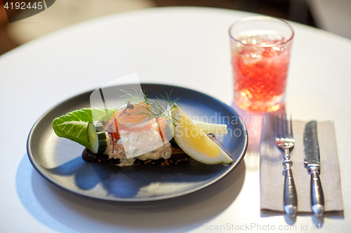 Image of close up of toast skagen with caviar and bread