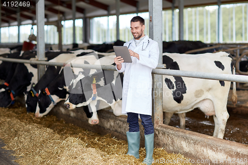 Image of veterinarian with tablet pc and cows on dairy farm