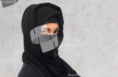 Image of close up of muslim woman in hijab