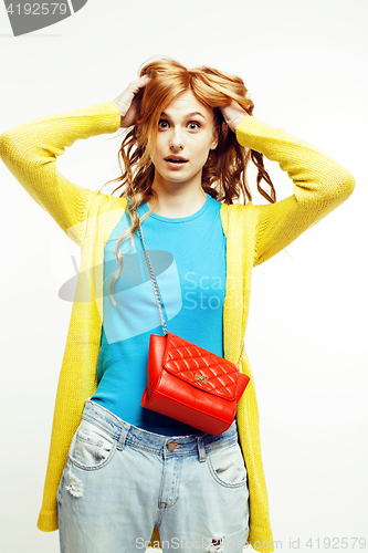Image of young pretty red hair woman happy smiling isolated on white background, lifestyle people concept 