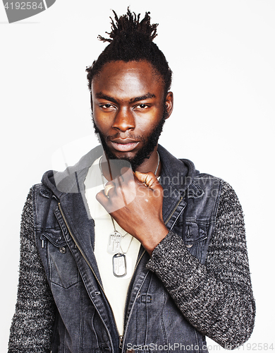 Image of young handsome afro american boy gesturing emotional isolated on white background smiling, lifestyle real people concept 