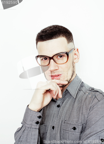 Image of young handsome well-groomed guy posing emotional on white background, lifestyle people concept