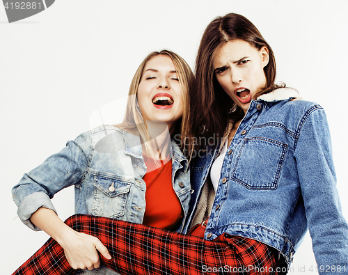 Image of best friends teenage girls together having fun, posing emotional on white background, besties happy smiling, lifestyle people concept close up