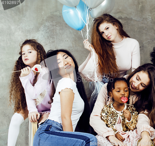 Image of Lifestyle and people concept: young pretty diversity nations woman with different age children celebrating on birth day party together happy smiling, making selfie. African-american, asian and caucasi