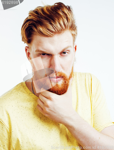 Image of portrait of young bearded hipster guy smiling on white background close up isolated, lifestyle real modern people concept