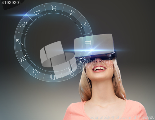 Image of woman in virtual reality headset or 3d glasses