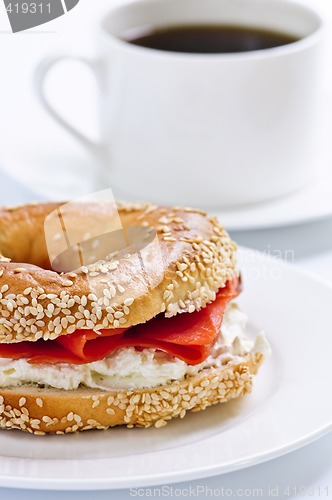 Image of Smoked salmon bagel and coffee