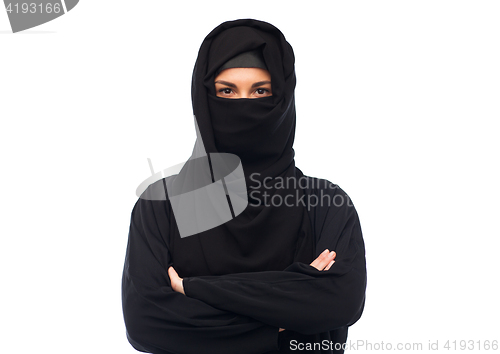 Image of muslim woman in hijab over white background