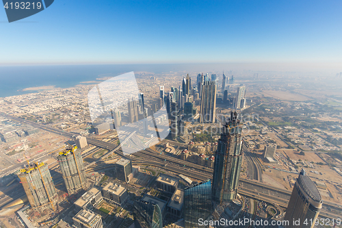 Image of Aerial view of Downtown Dubai from Burj Khalifa, Dubai, United Arab Emirates.