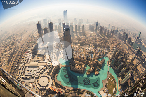 Image of Aerial view of Downtown Dubai from Burj Khalifa, Dubai, United Arab Emirates.