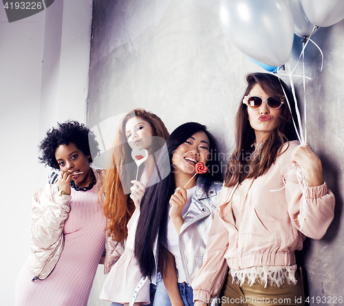 Image of Lifestyle and people concept: young pretty diversity nations woman with different age children celebrating on birth day party together happy smiling, making selfie. African-american, asian and caucasi