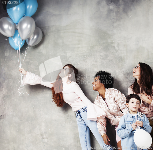 Image of Lifestyle and people concept: young pretty diversity nations woman with different age children celebrating on birth day party together happy smiling, making selfie. African-american, asian and caucasi