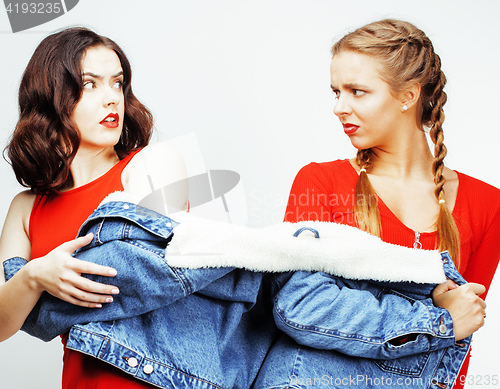 Image of best friends teenage girls together having fun, posing emotional on white background, besties happy smiling, lifestyle people concept close up