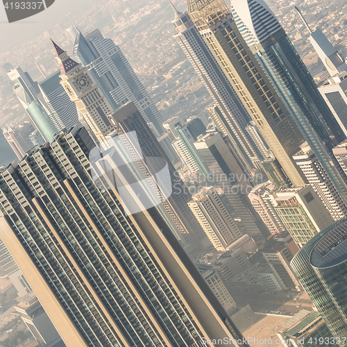 Image of Aerial view of Dubai downtown skyscrapers.